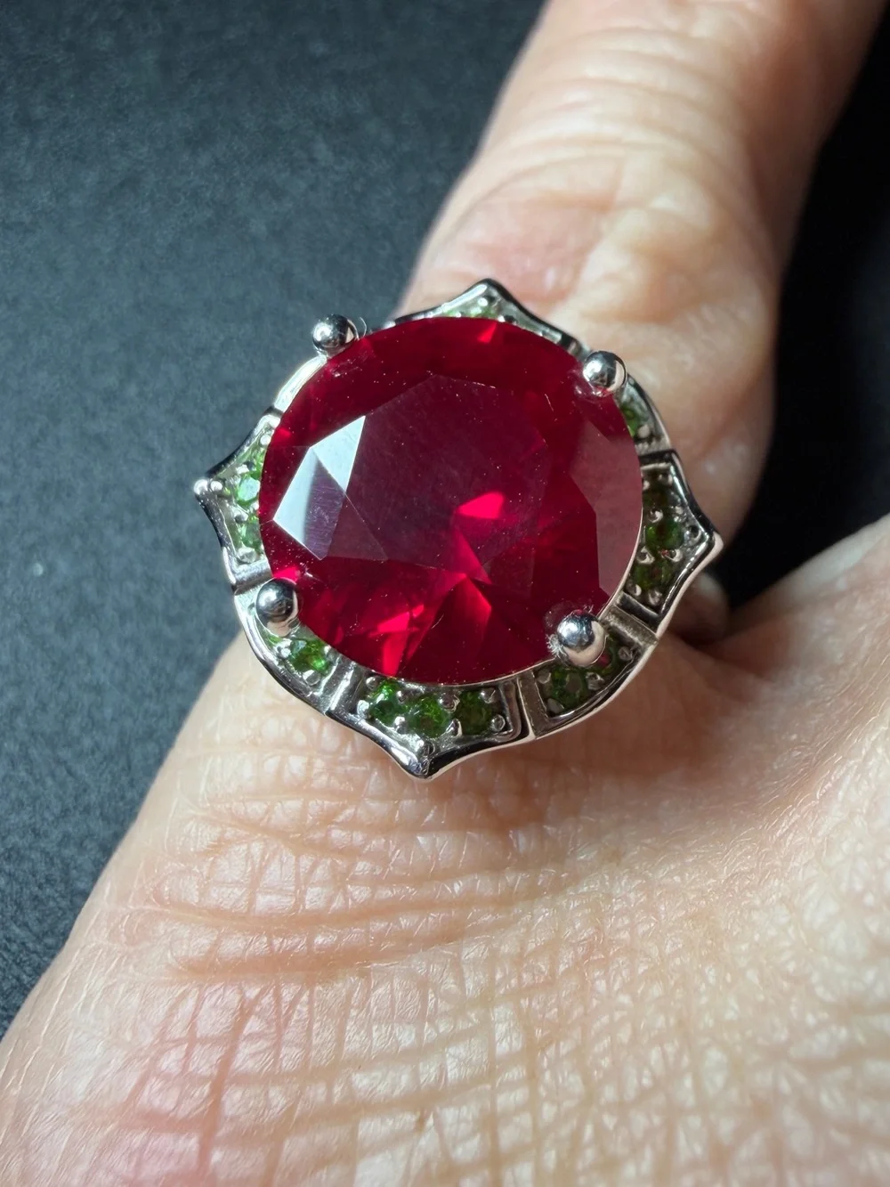 Sterling Silver Ring with Large Fuchsia and Green Accent Stones size 6